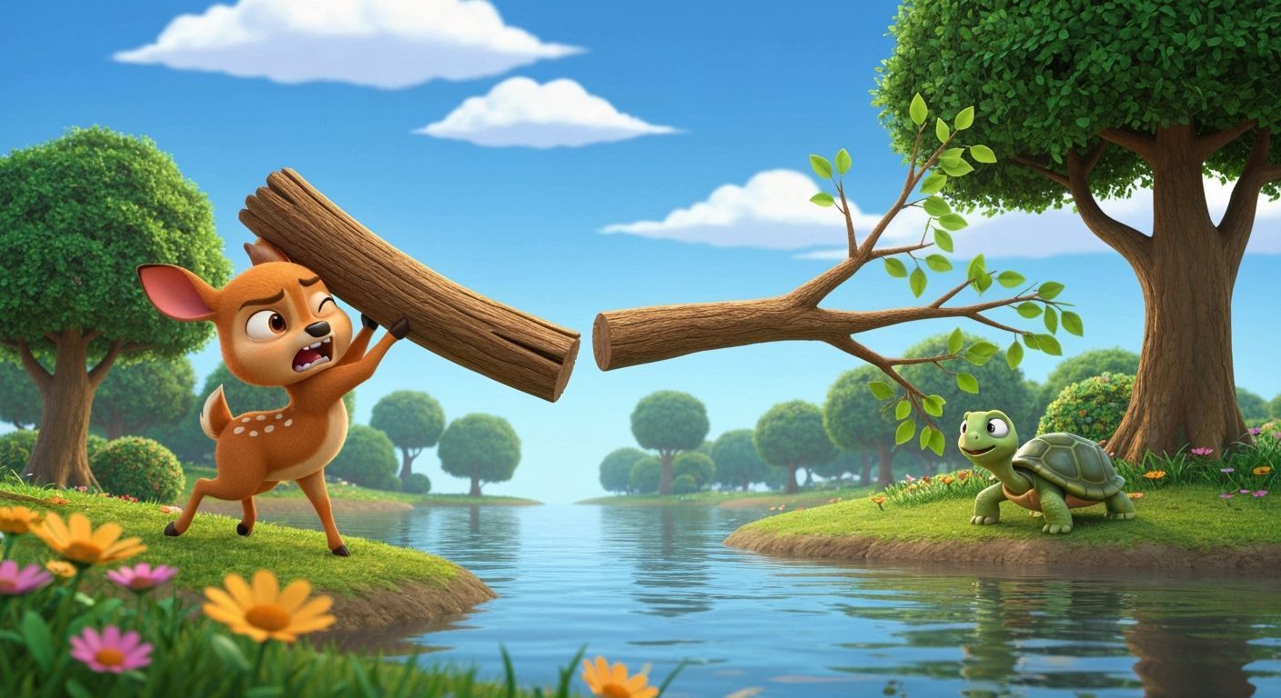 Cute Deer Struggles to Lift Large Branch by River