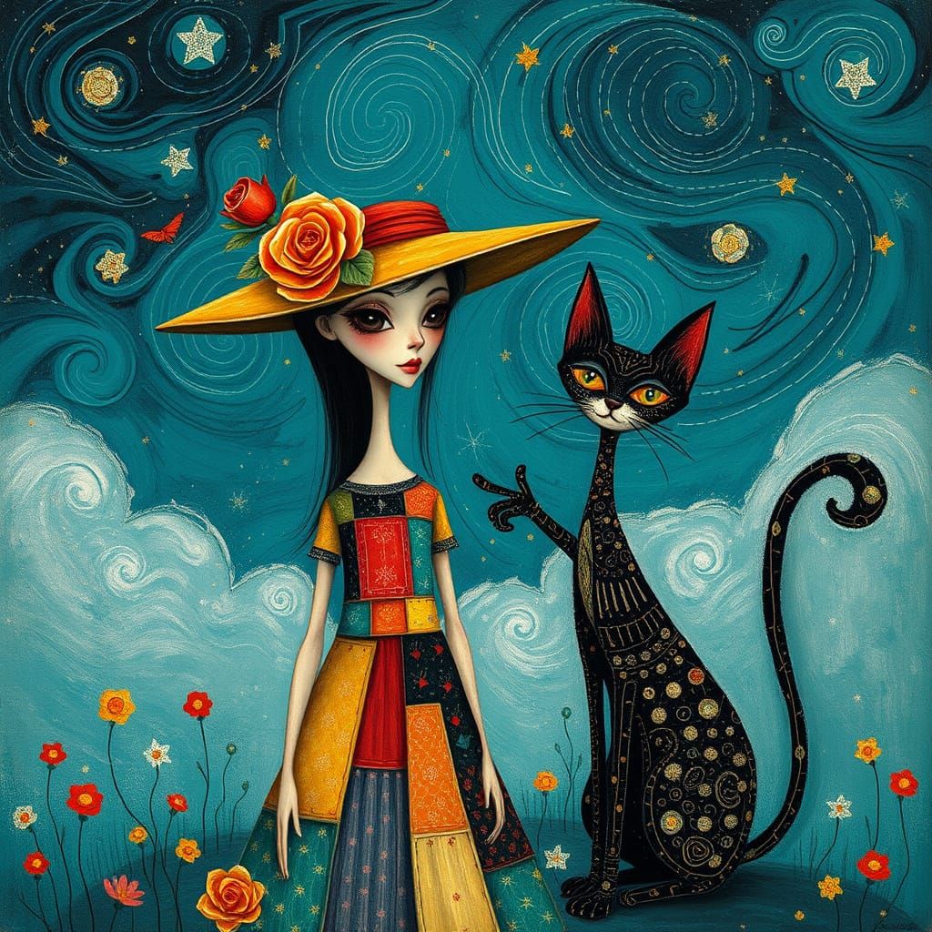 Whimsical Girl and Cat in Pointillist Oil Painting Style