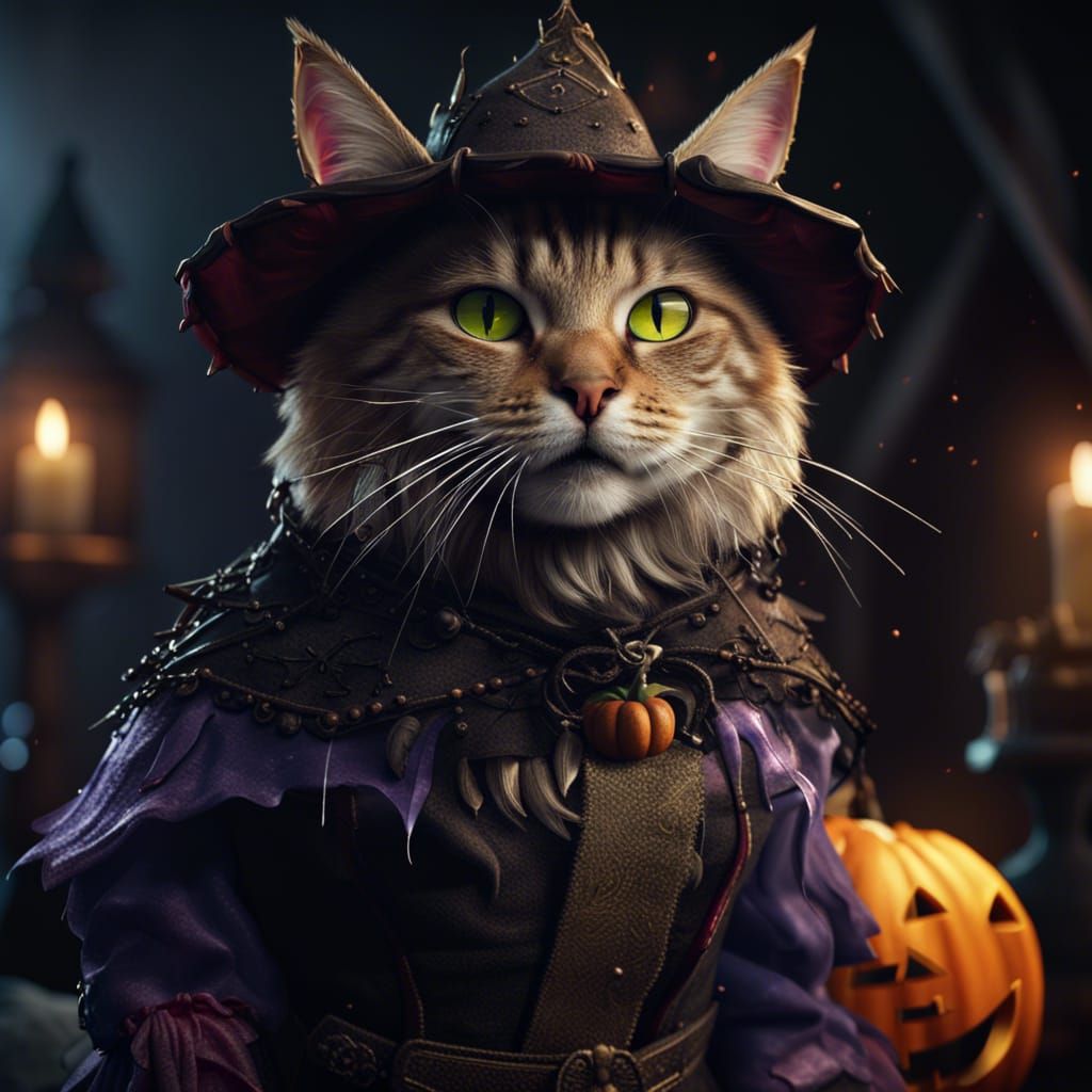 Cat in Halloween Costume: Detailed Matte Painting