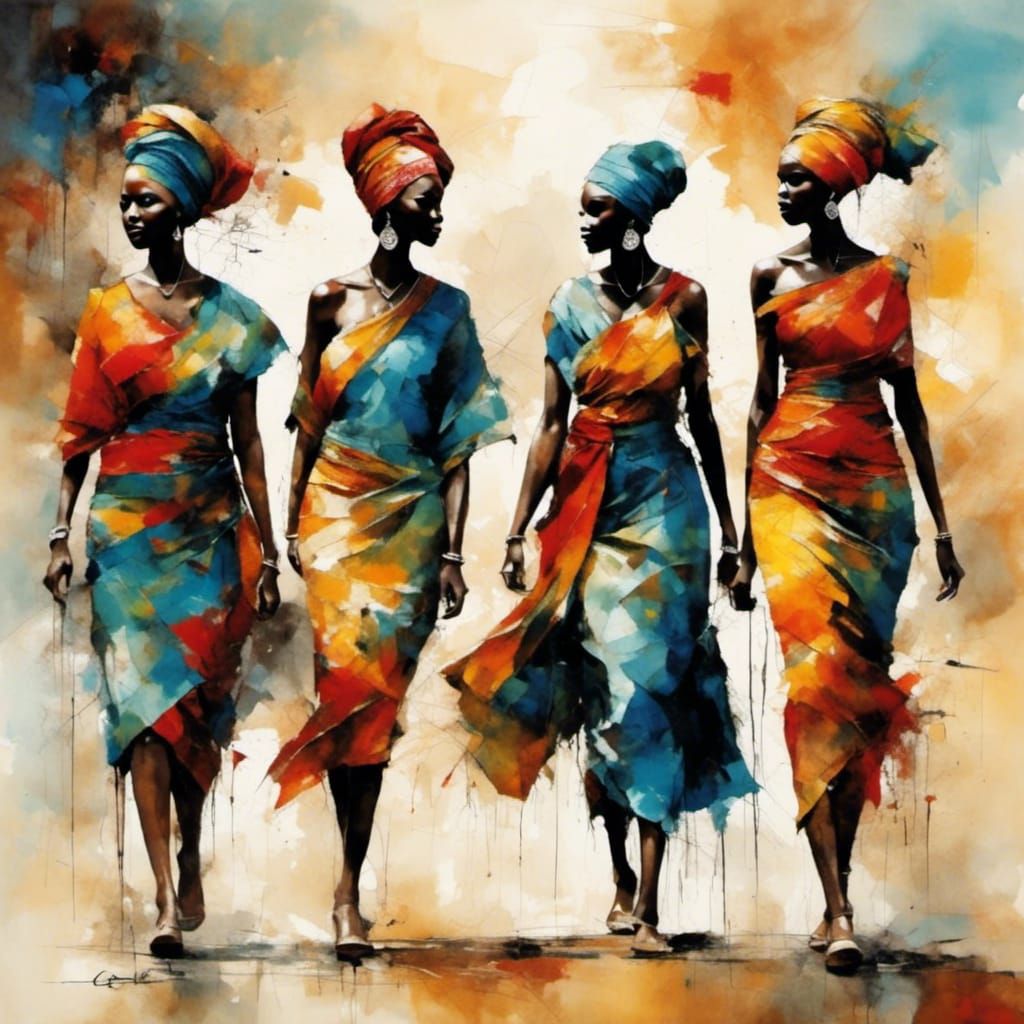 Stylized Painting of African Women in Colourful Dresses