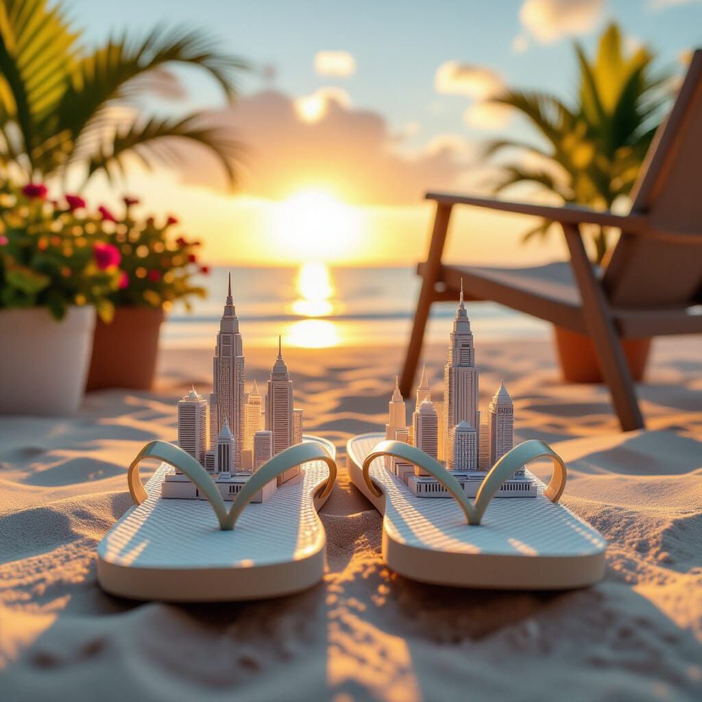 Miniature Futuristic Cityscape Printed on Flip-Flops at Gold...