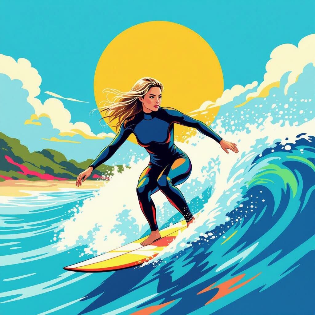Female Surfer Rides Wave in Pop Art Style