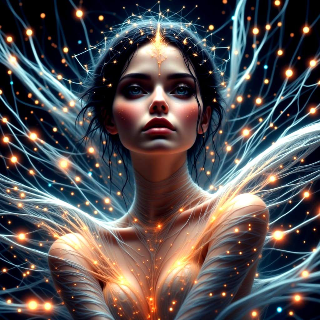 cyberpunk girl, wearing a dress made of wires, surrounded by...