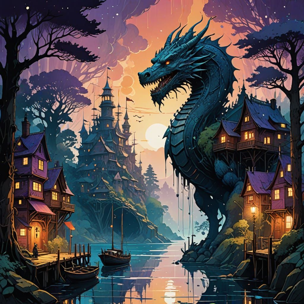 Epic Fantasy Landscape with Silhouette Dragon and Golden Lig...