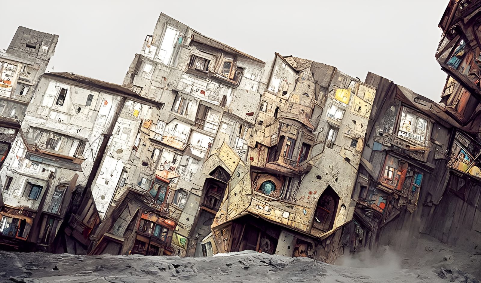 Dystopian Cityscape Illustration in Brutalist Style