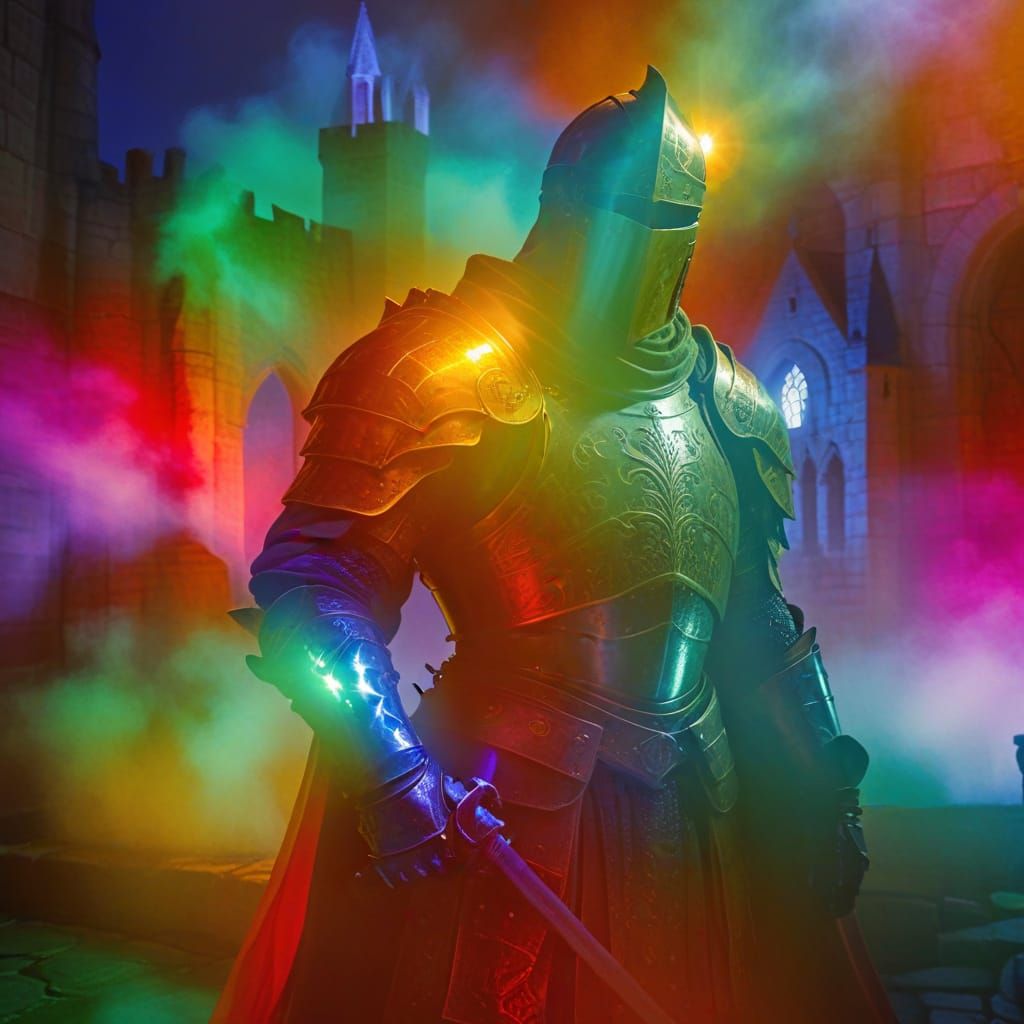 Medieval Knight in Moonlit Castle Courtyard