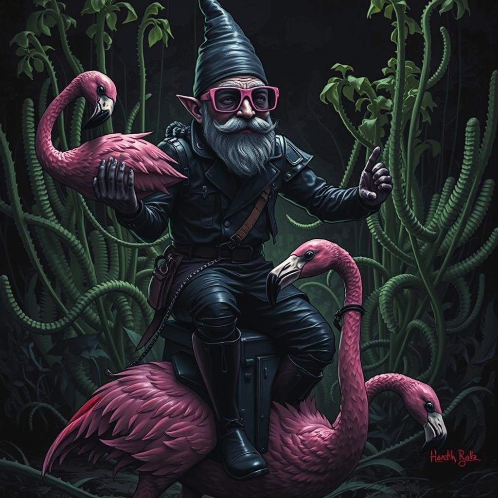 Giger-Inspired Gnome Rides a Glowing Flamingo