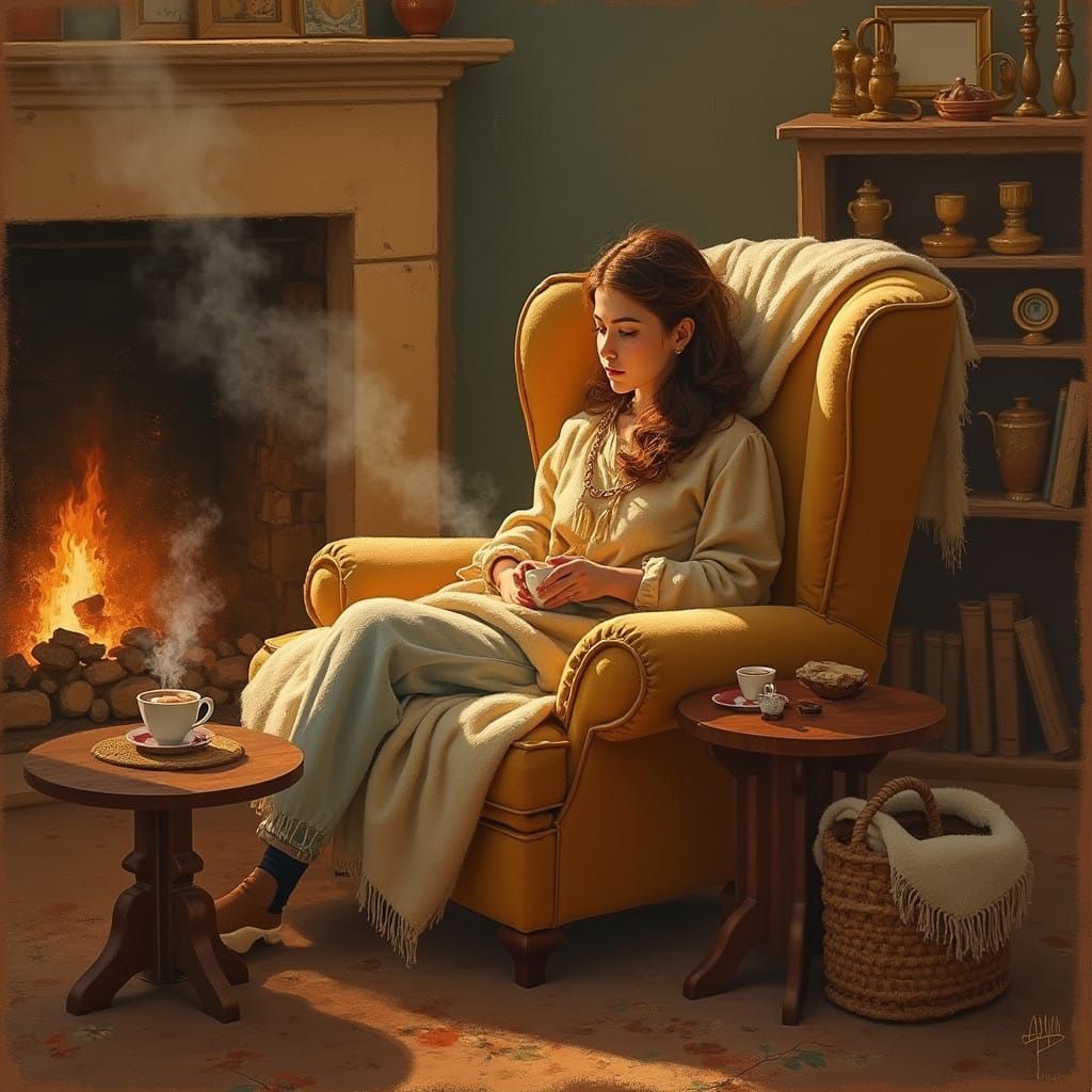 Cozy Winter Scene in Dreamy, Textured Style