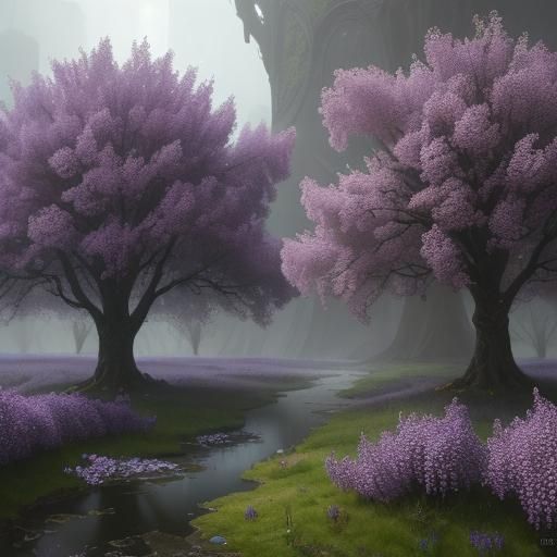 Surreal Lilacs Bloom in Barren Landscape: Matte Painting