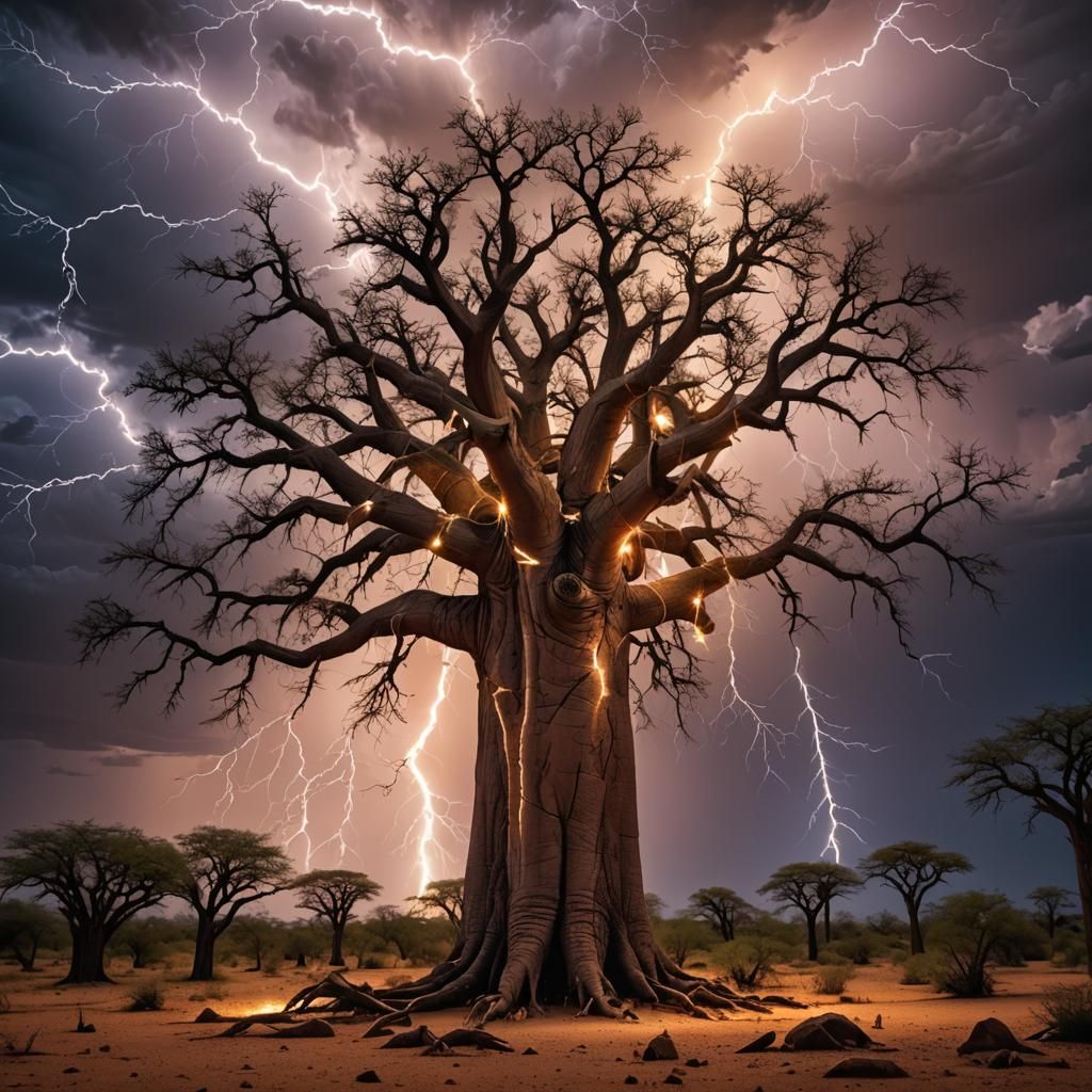 Lightning strikes a baobab tree