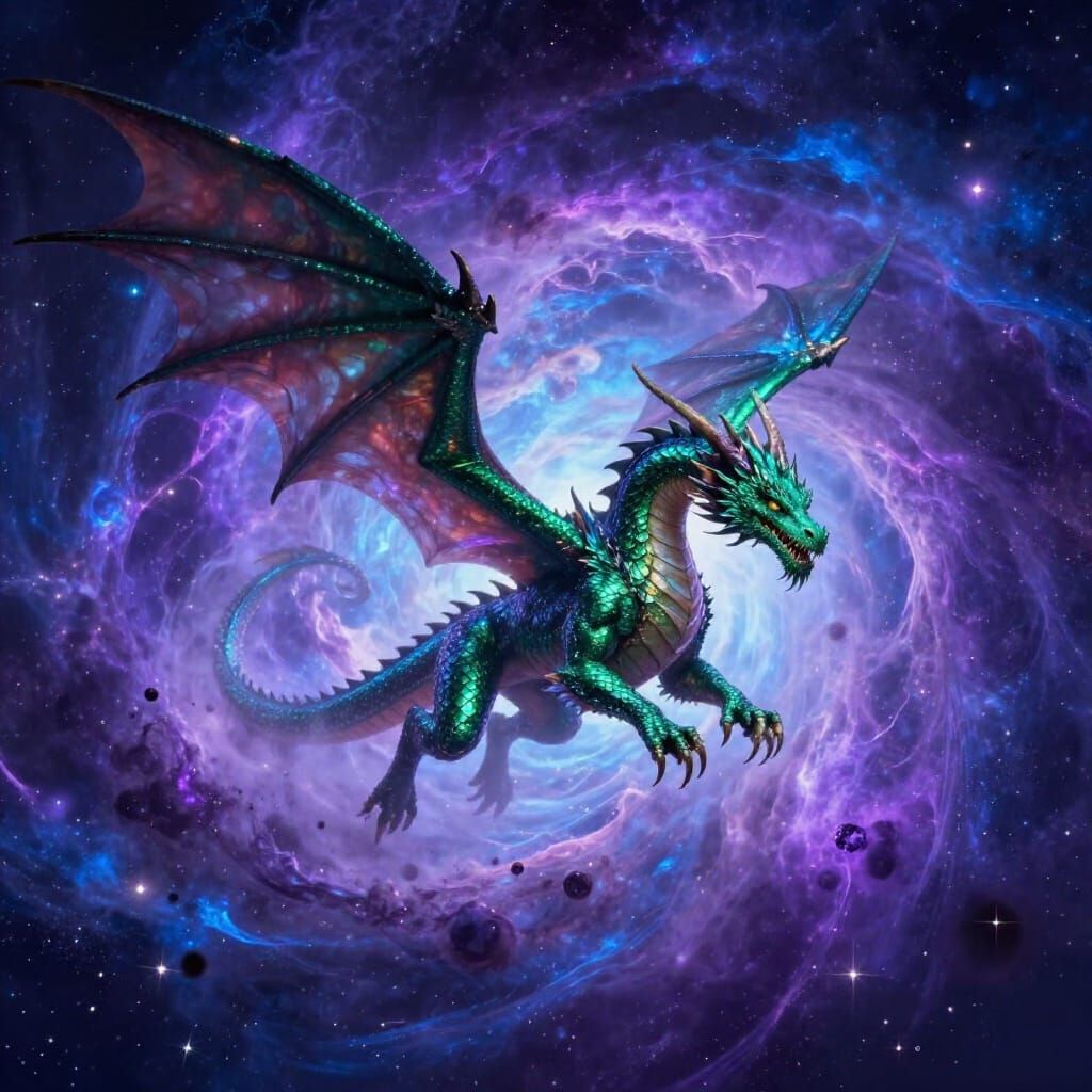 Emerald Dragon Lunges Into Cosmic Vortex