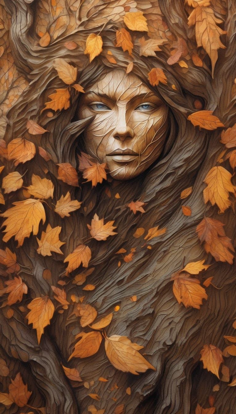 Woman's Face Carved in Tree Bark: Oil Painting