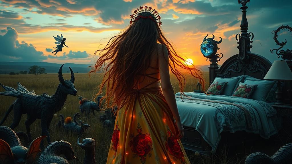 Surreal Squarepants Woman in Mythical Landscape, Digital Bio...