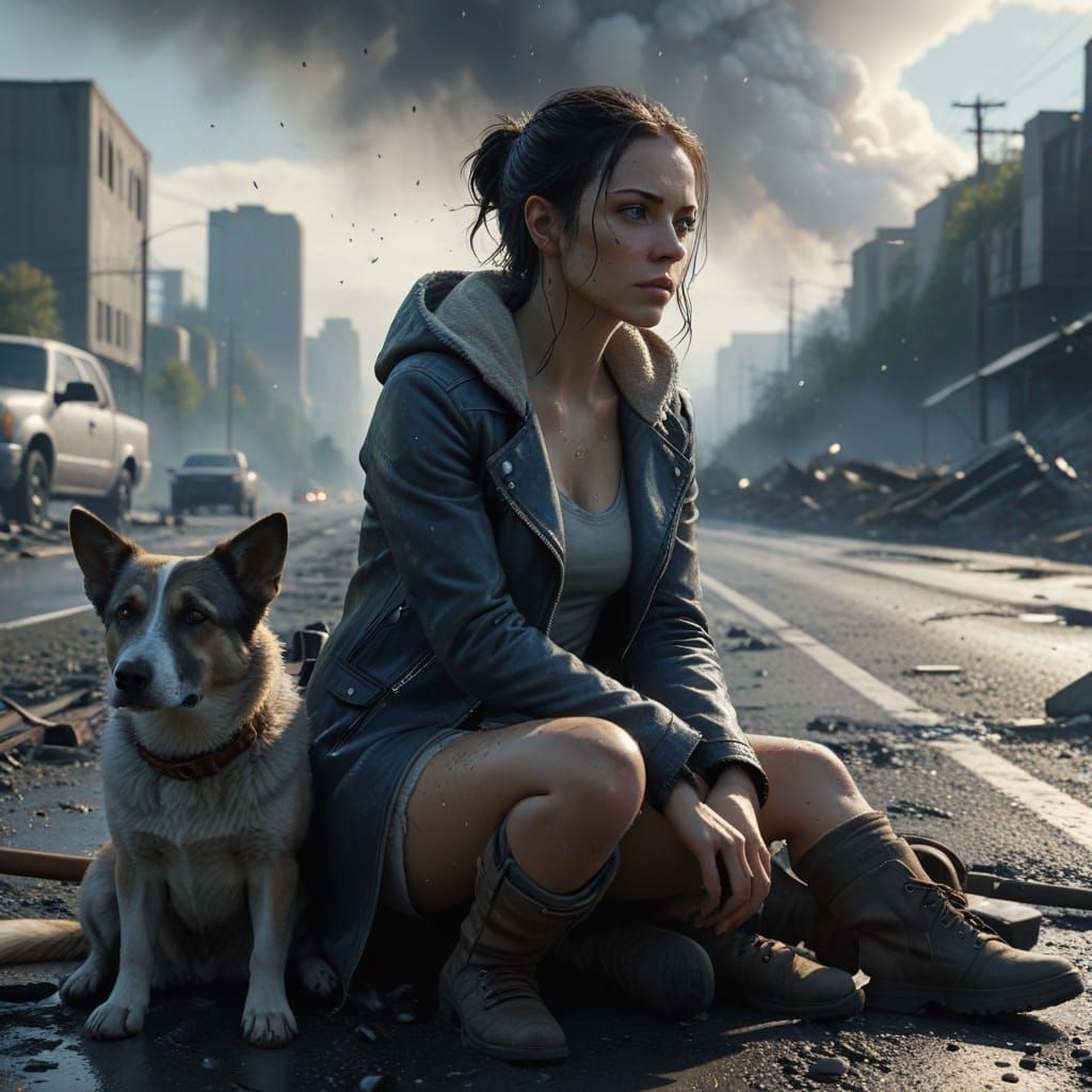 Lost Girl and Dog on Collapsed Highway