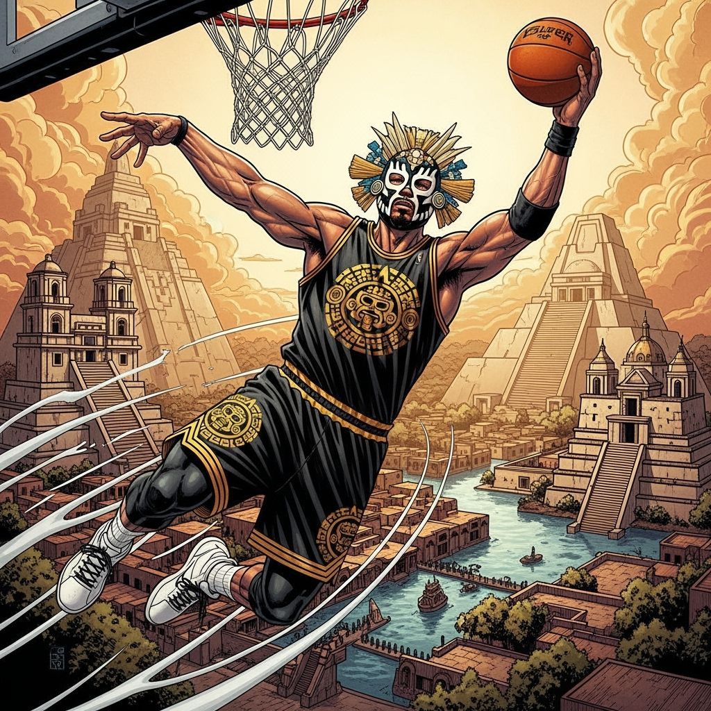 Basketball Player in Luchador Mask in Comic Book Style