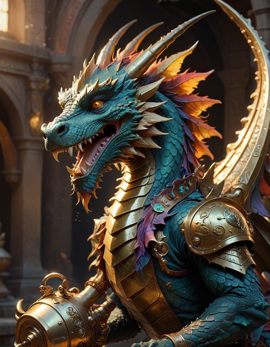 A Happy Dragon Blows a Majestic Brass Bugle