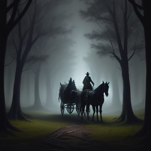 Spectral Carriage in Moonlit Forest Oil Painting