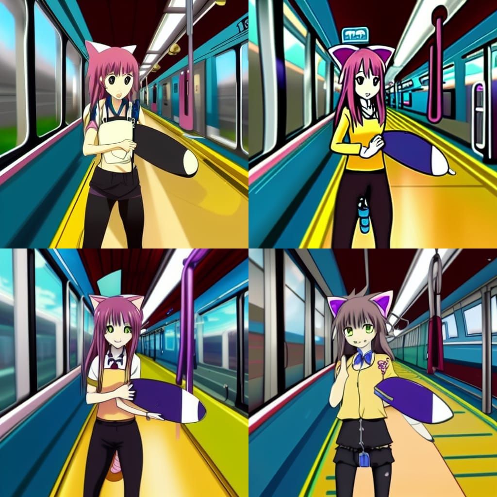 Anime Cat Girl Surfing Subway Train