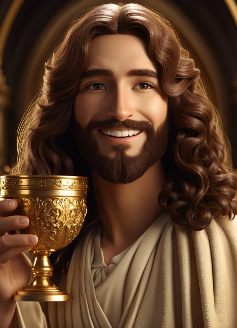 Youthful Jesus Christ Portrait Holding Holy Grail