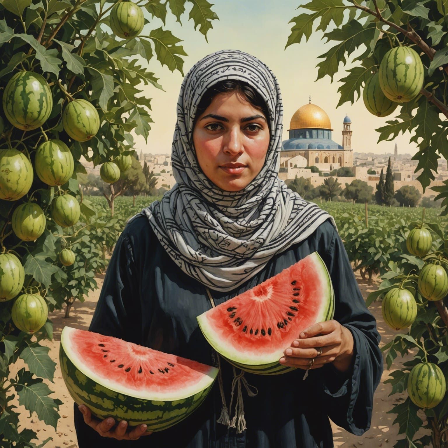 Palestine Map as Watermelon in Gouache and Watercolor