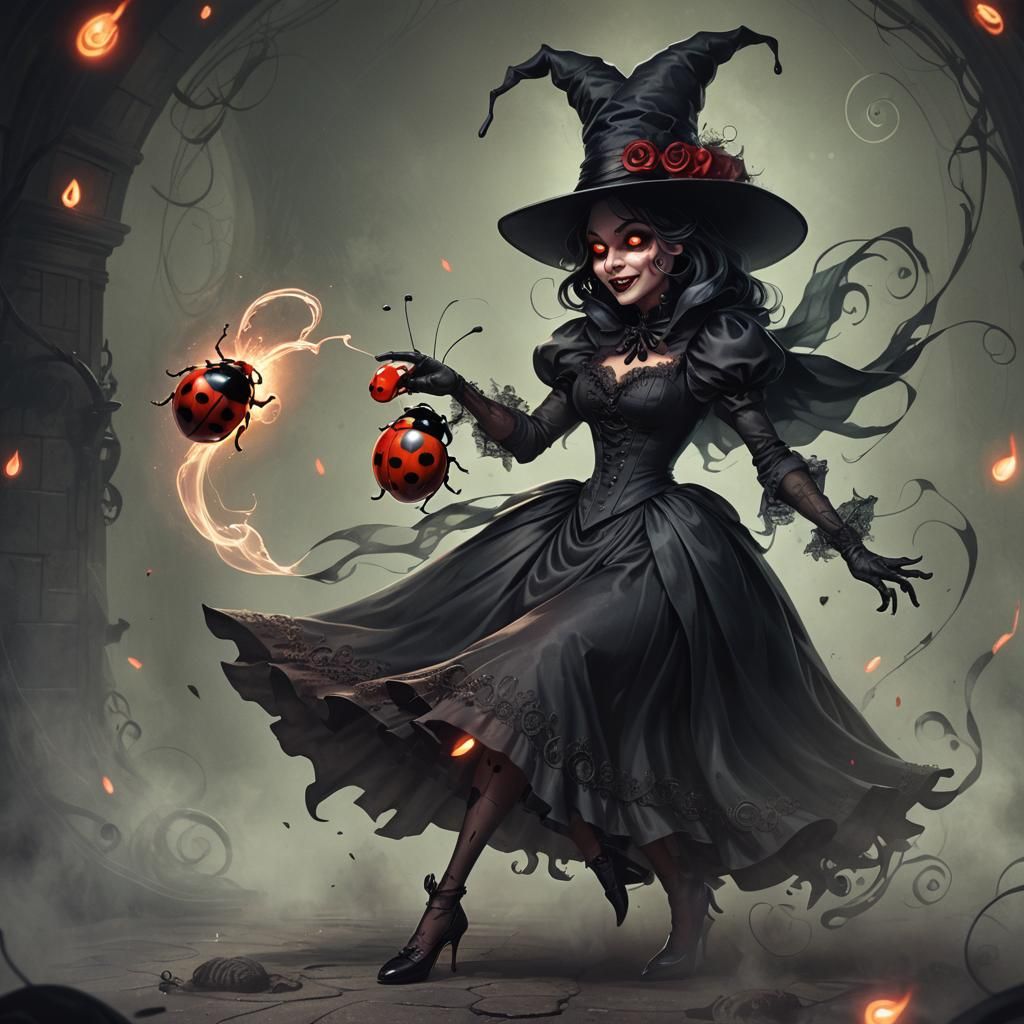 An anthropomorphic. Ladybug evil witch, cursing a giant foot...