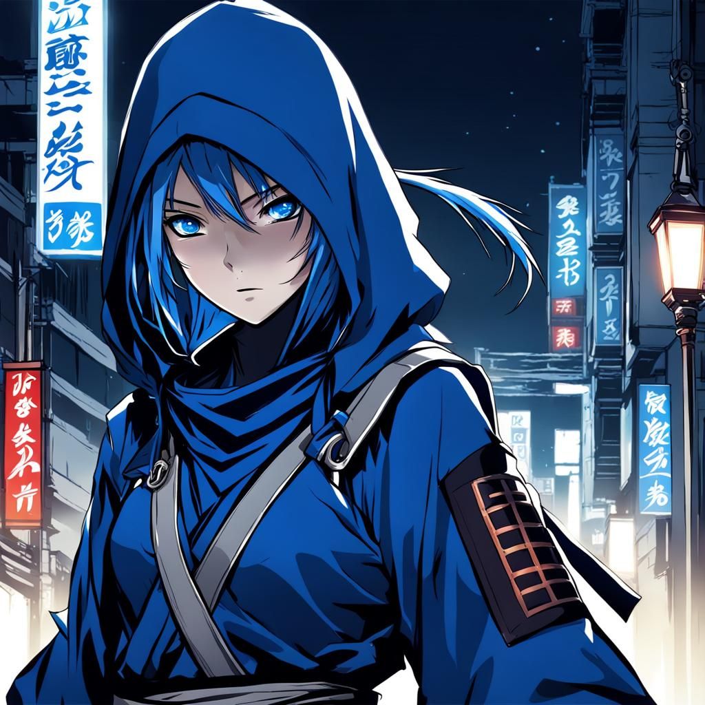 Female Ninja in Blue Hood at Night