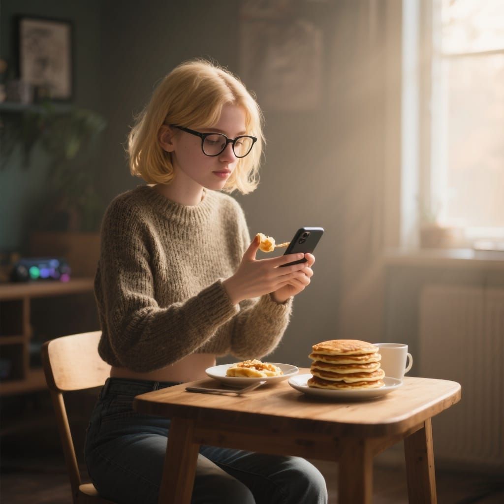 Blonde Gamer Girl Enjoying Pancakes in Cinematic Lighting
