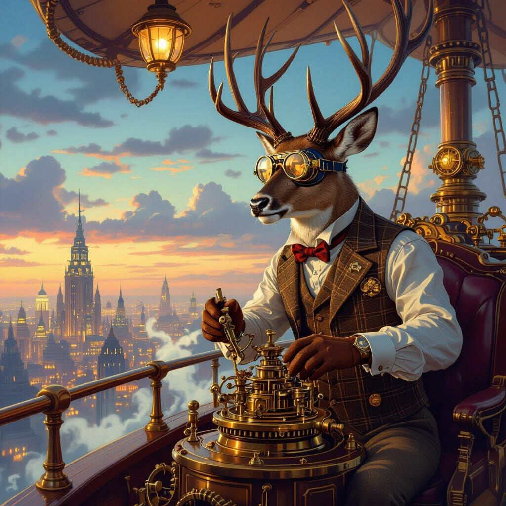 Steampunk Stag Invents Brass Contraption on Sky-Barge