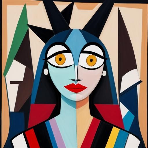Cubist Abstract Painting of Triangular Faced Figures