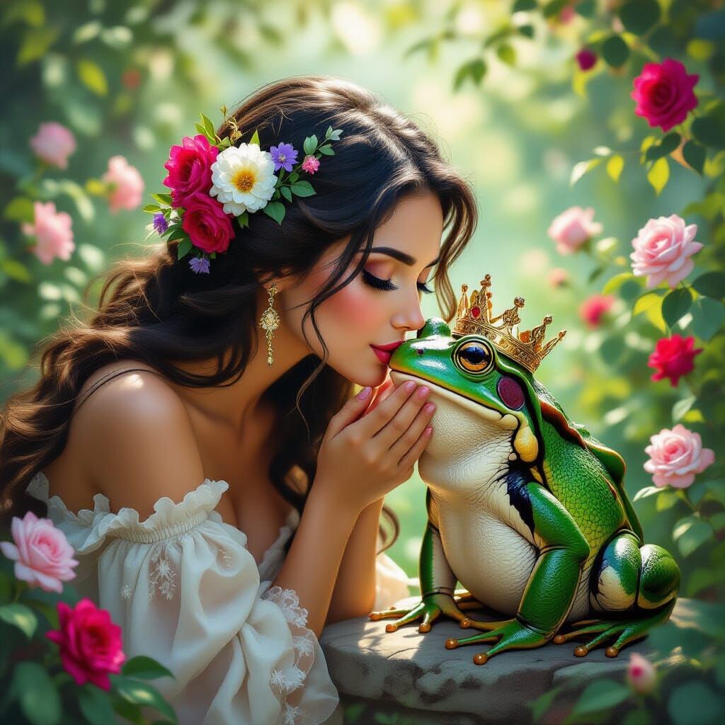 Enchanting Lady Kisses Crowned Frog in Castle Garden