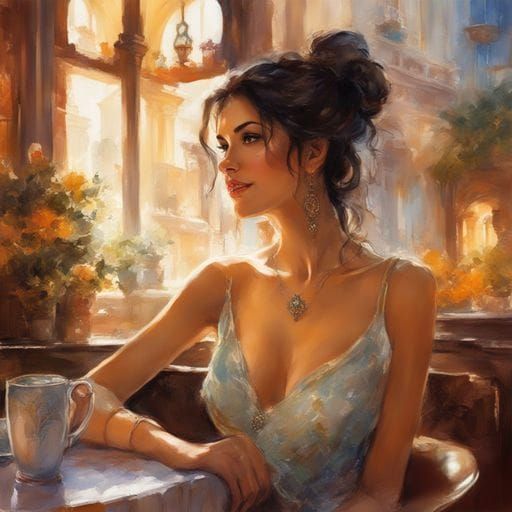 Beautiful Spanish Girl in Barcelona Cafe