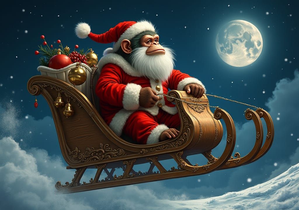 Santa Monkey Sleigh Ride Under Crescent Moon