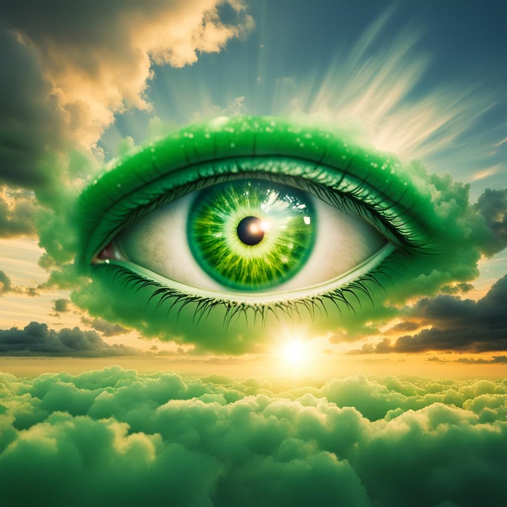 Mythical Green Eye Floats in Sunset Sky