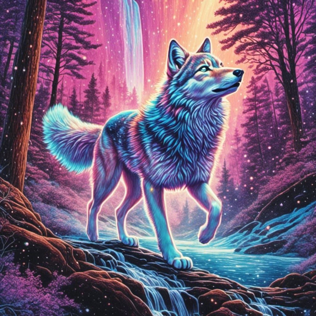 Shimmering Wolf in Astral Forest Landscape