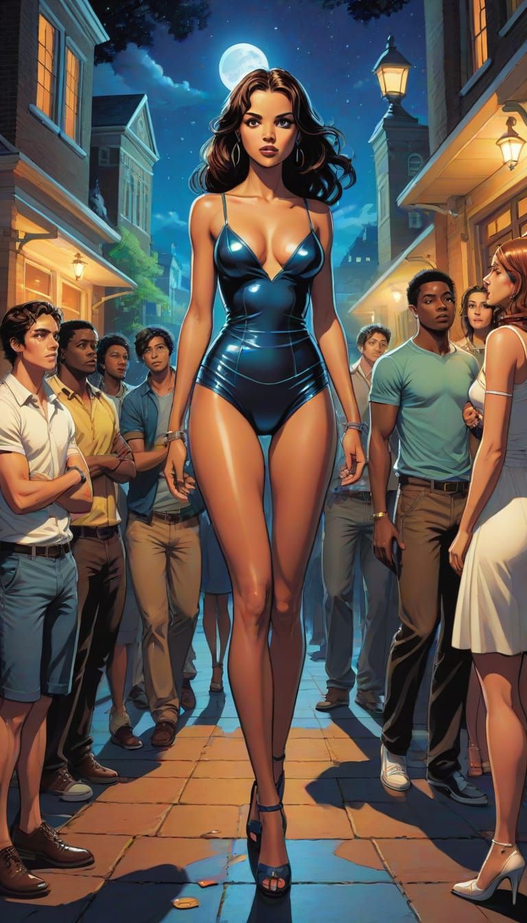 Perplexed Brunette Calypso at Surreal University Party