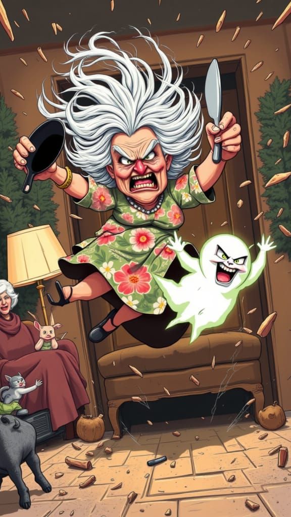 <lora:Angry Meemaw:1.3> Angry Meemaw chasing a ghost around the couch in the living room.