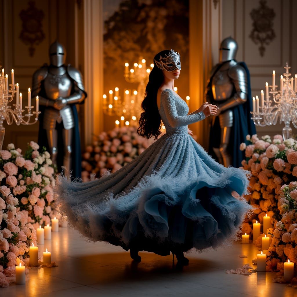 Masked Dancer in Candlelit Ballroom