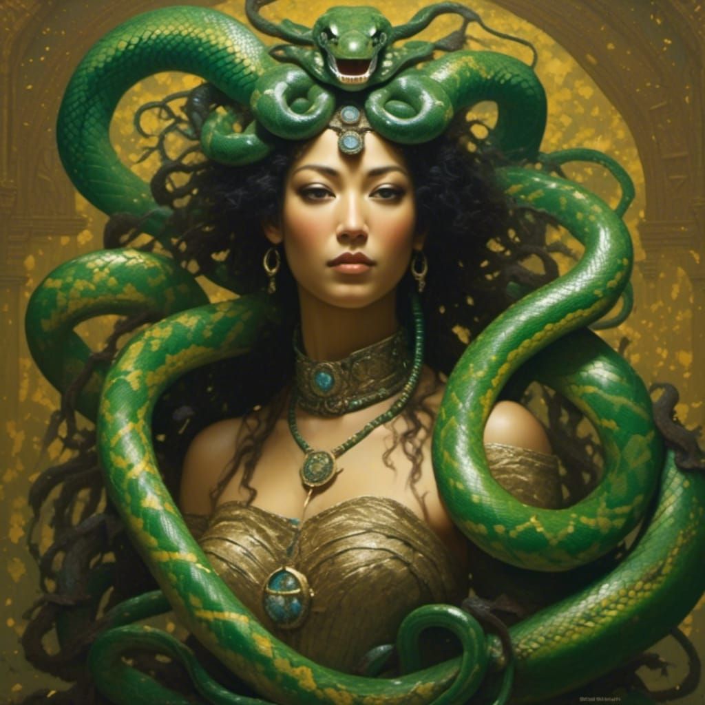 Medusa Priestess with Snakes in Hyperrealistic Style