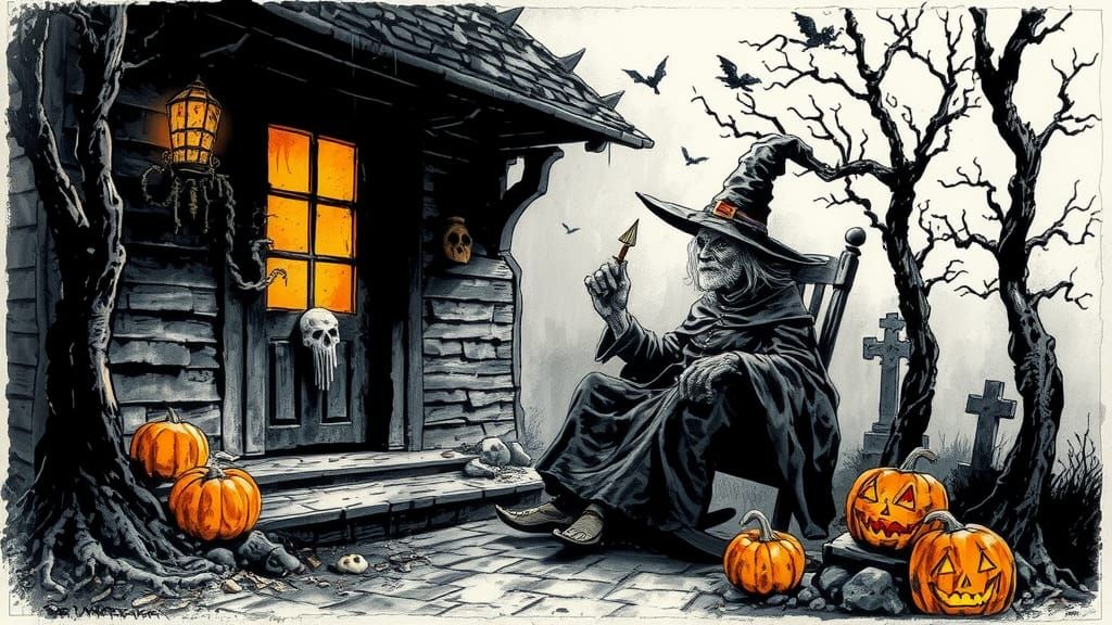 Evil Witch in Ink Splatter Horror Scene