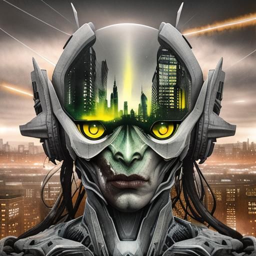 Alien Creature in Dystopian Cityscape: Double Exposure Art