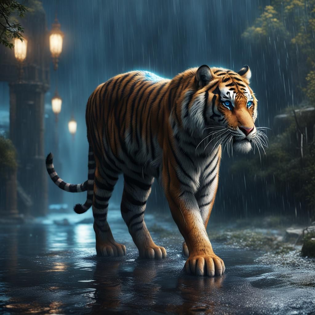Blue-Eyed Tiger in Rain, Detailed Matte Painting