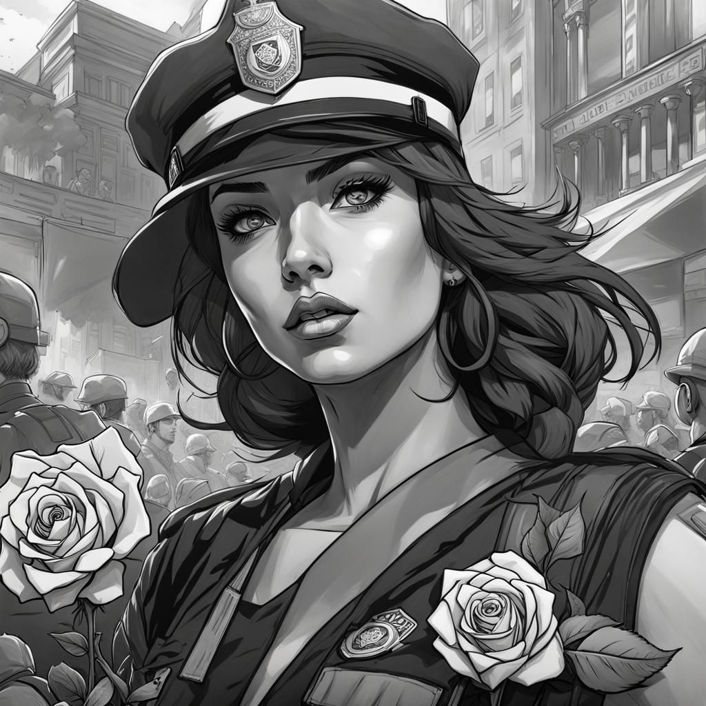 Protester Throws Rose at Police in Black and White Drawing