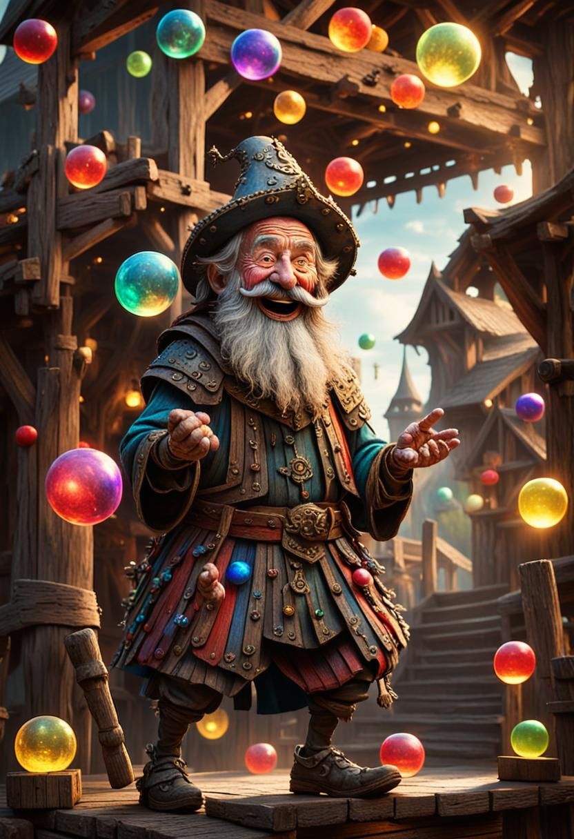 A tiny wizened old knight with a long beard, stands on a rus...