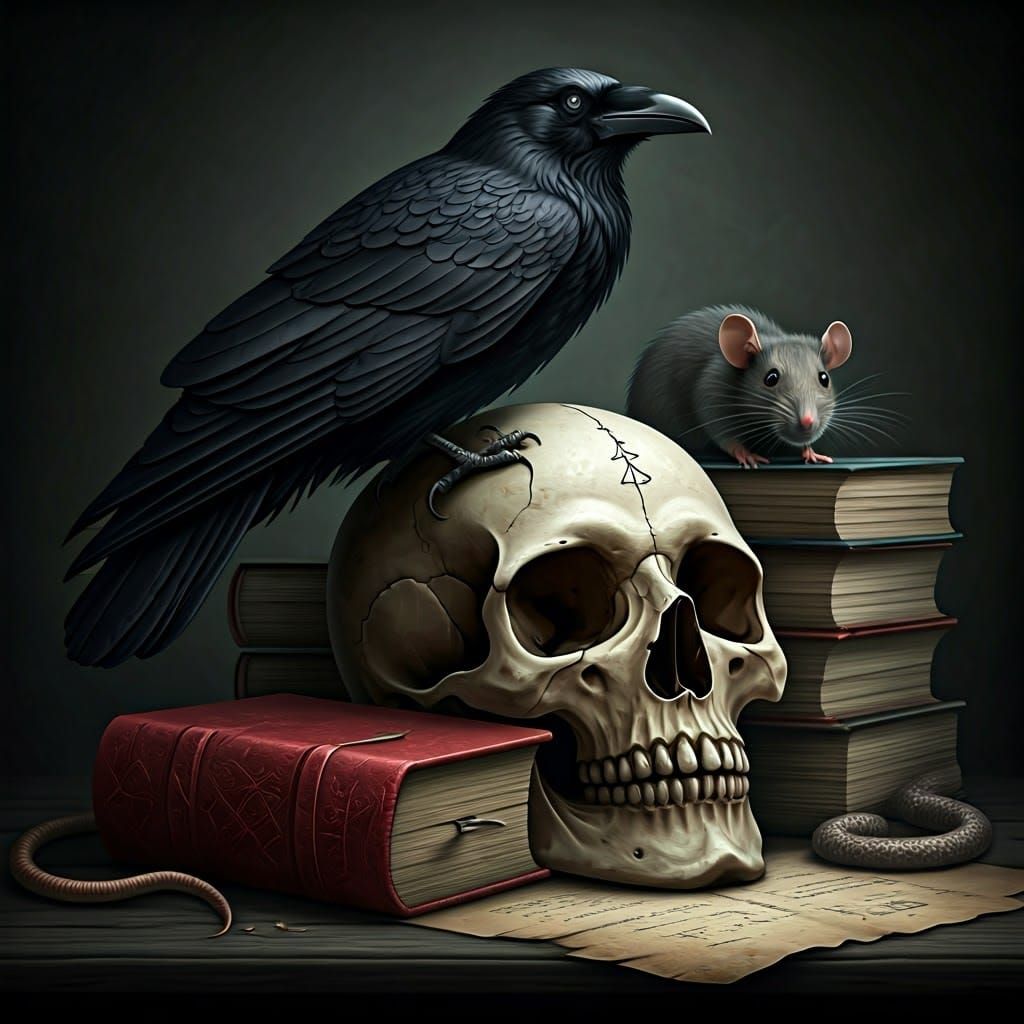 Crow Perched on Skull with Arcane Books