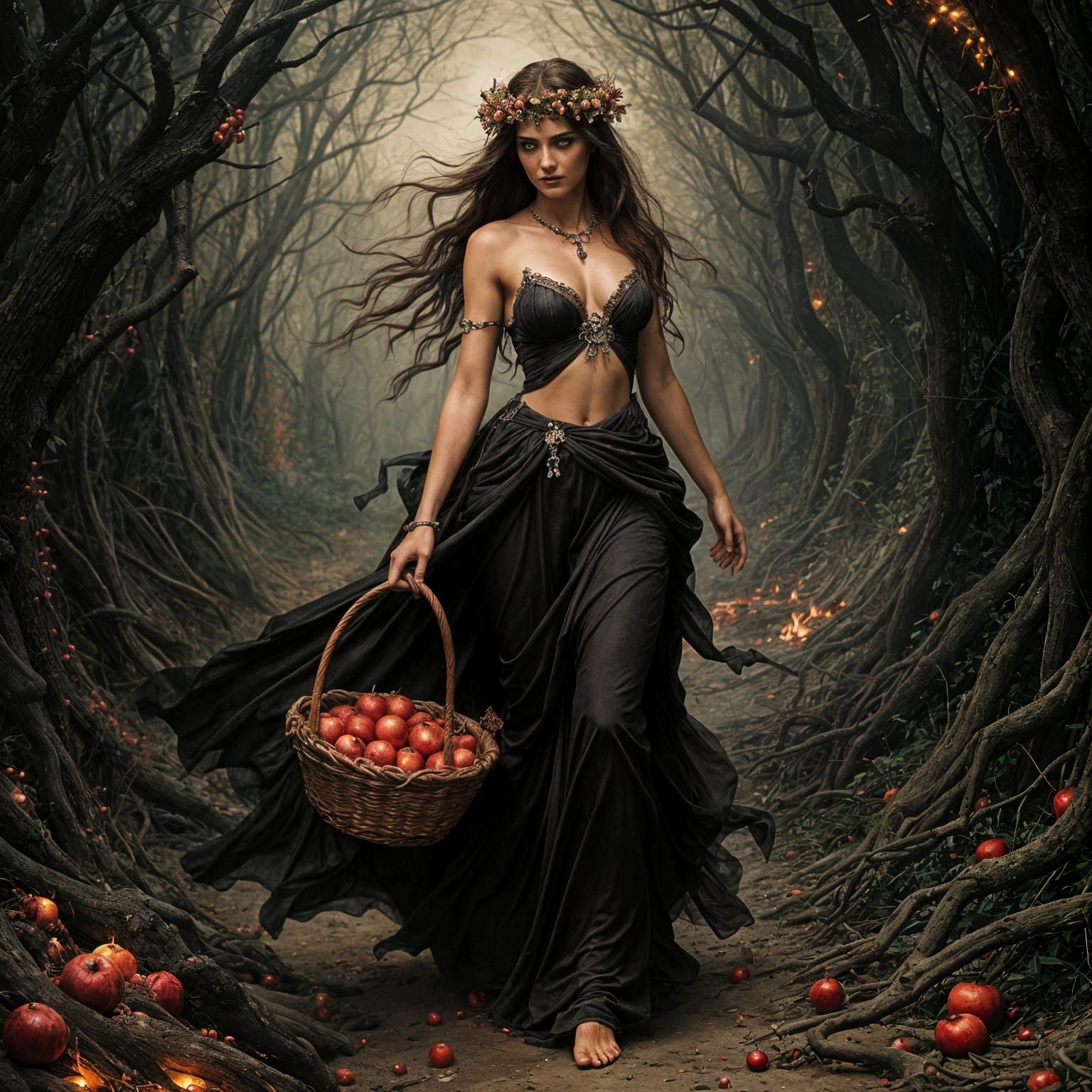 Goddess of the Underworld Walking Through Hell with Pomegran...