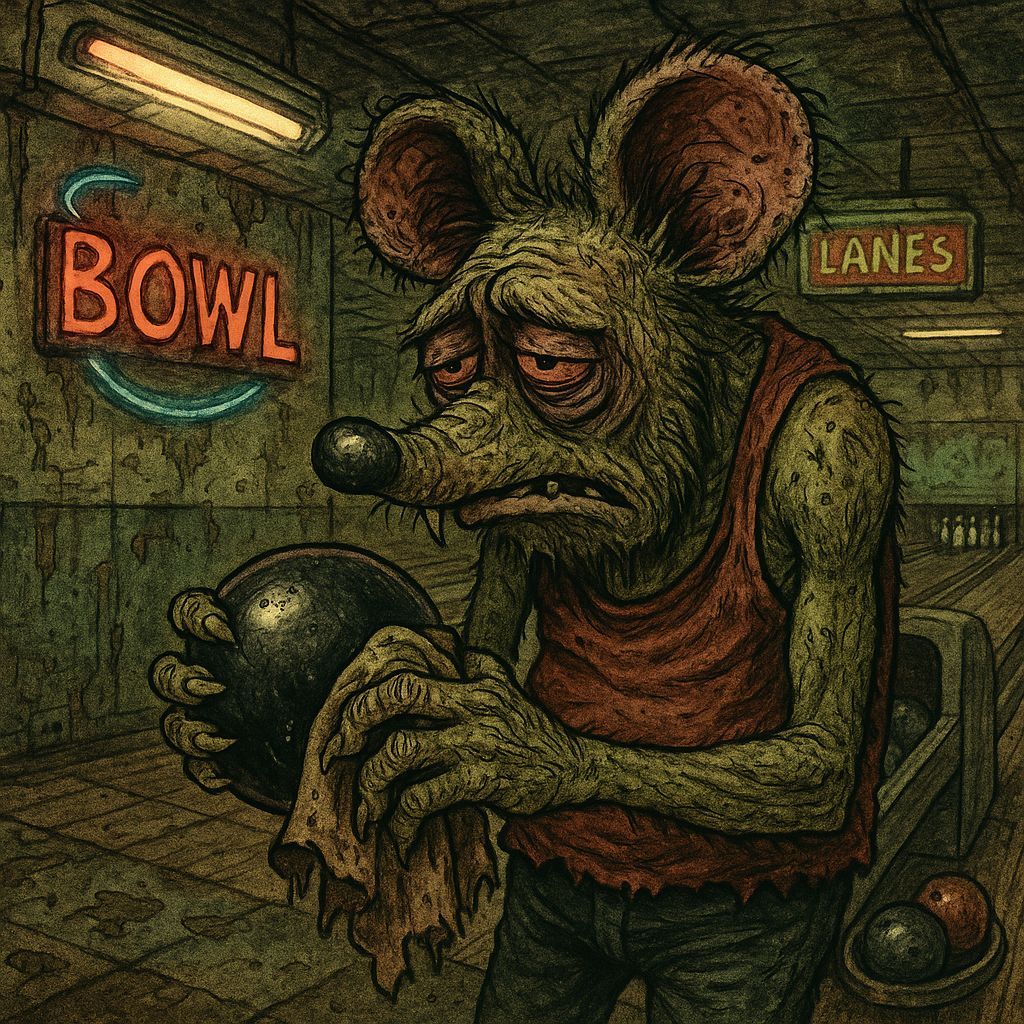 Grizzled Ratfink Polishes Bowling Ball in Retro Alley