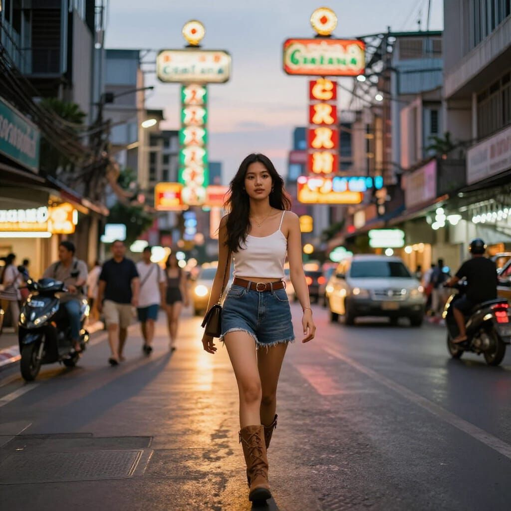 Thai Teenager in Bangkok Street at Dusk, Photorealistic Styl...