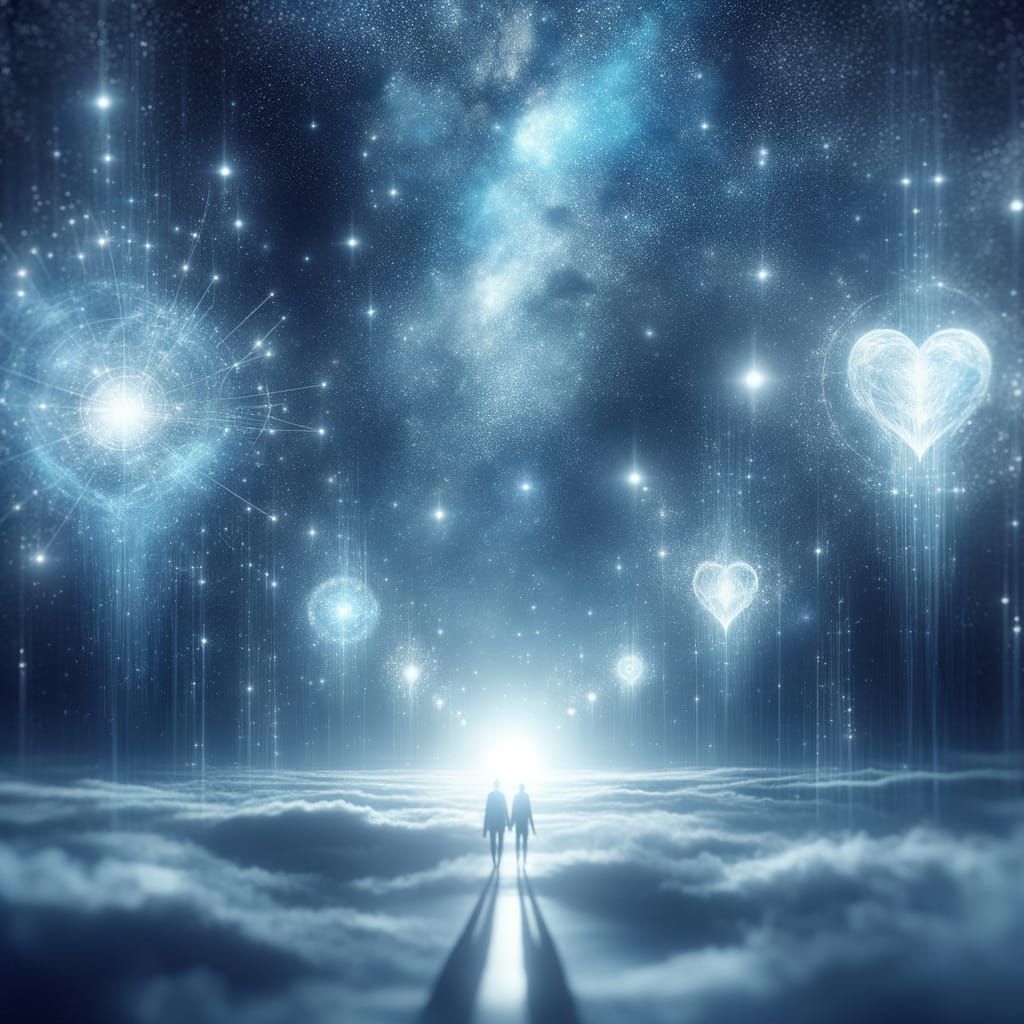 Silhouettes Under Starry Night Sky with Glowing Hearts