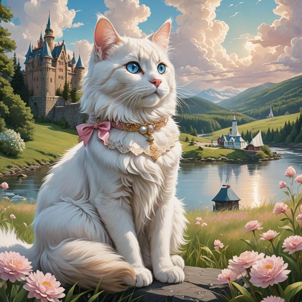 Maine Coon Cat in Fantasy Landscape Painting