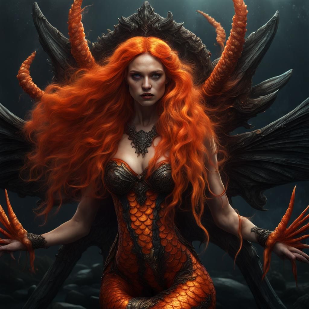 Hyperrealistic Halloween Mermaid with Wings and Horns
